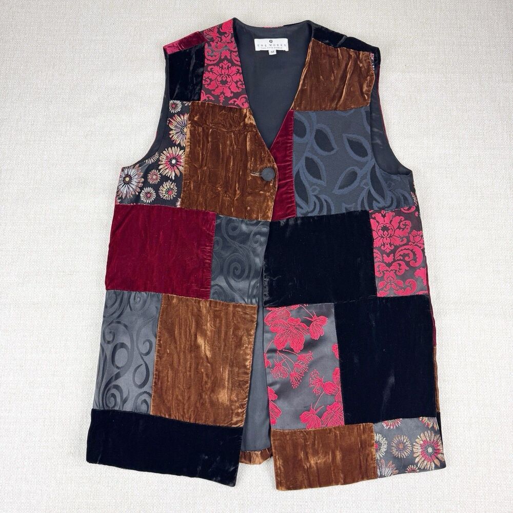 VTG Saks Fifth The Works Vest Women's Velvet Patchwork One Button Vest Medium